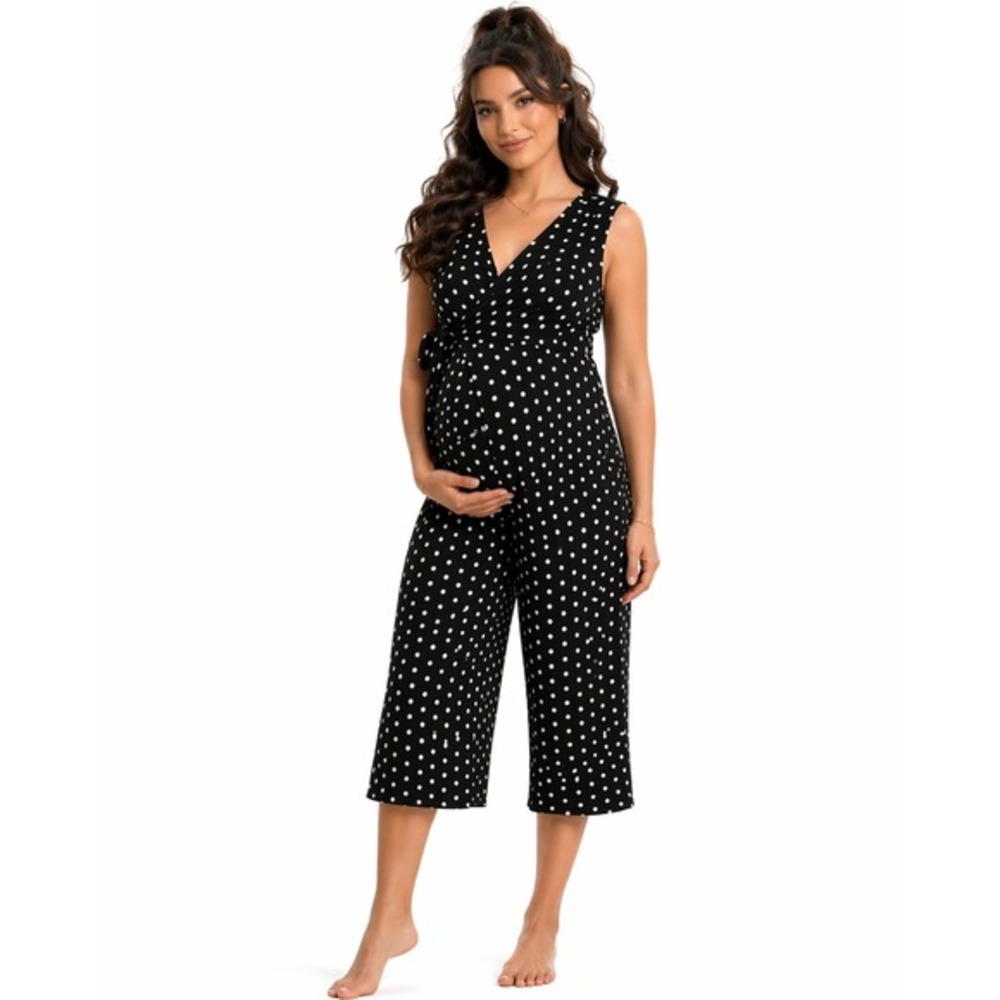 NOM Maternity Francesca Jumpsuit XL Black White‎ Polka Dot Nursing 4522 New